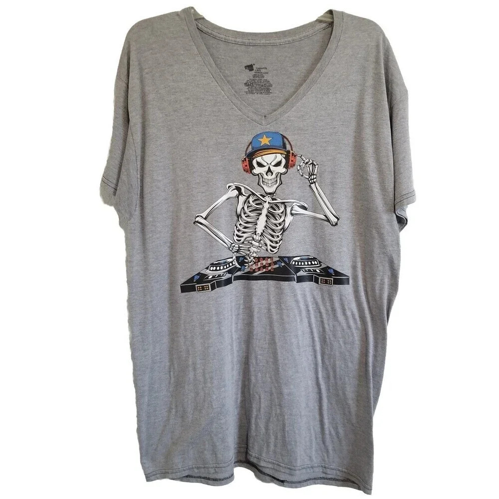 Mens Skeleton DJ Disc Jockey Large Gray Tshirt Comfort Fit Hanes‎ Vneck Graphic
